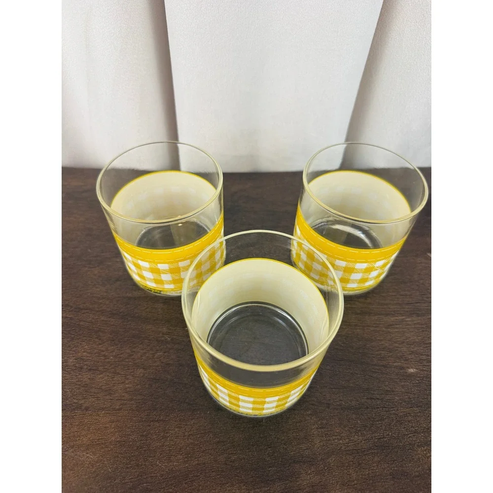 Vintage Georges Briard MCM Bar Lowball Glasses Yellow‎ Gingham Set of 3